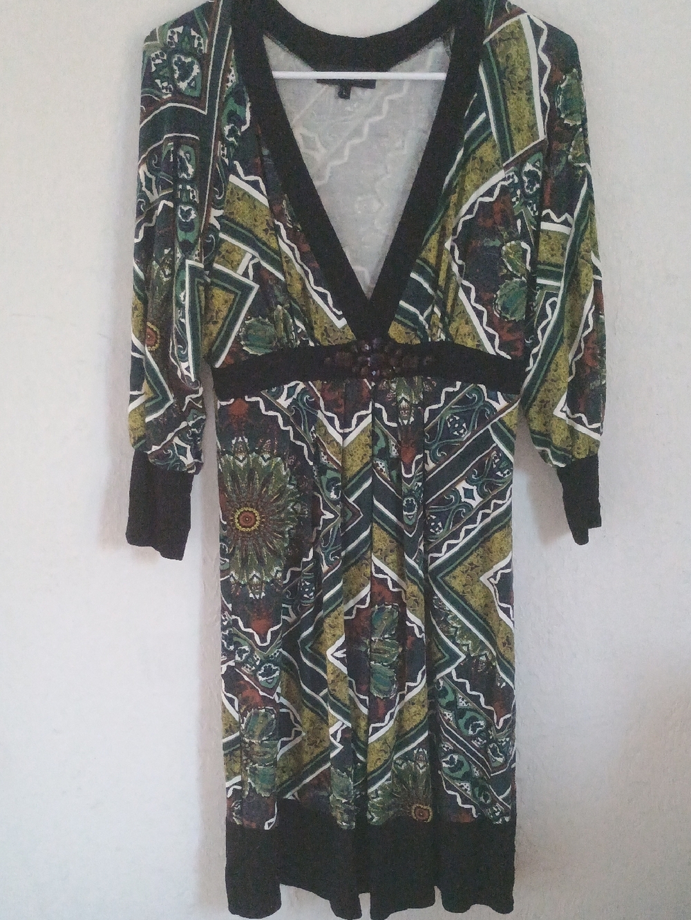 Karen Kane Black-Trim Printed Top with Soft Teal Pattern